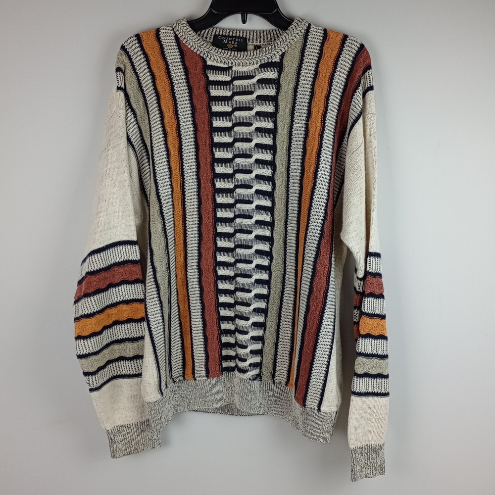 VTG Countess Mara Mens L Multicolor Striped Knit Italy Coogi Style Sweater
